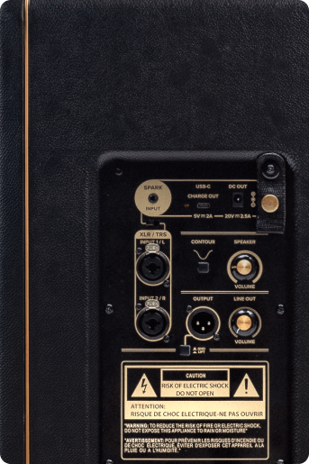 Close-up of the Spark CAB 2 rear panel with its Contour and Ground Lift switches