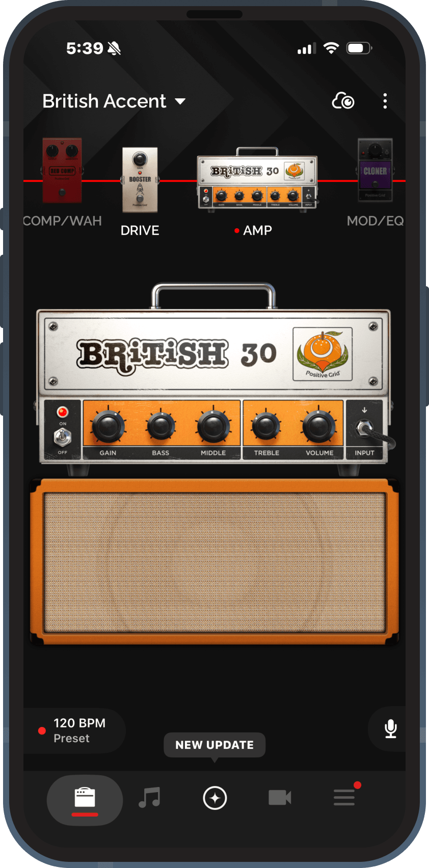 Build Your Rig screen with amp and effects signal chain