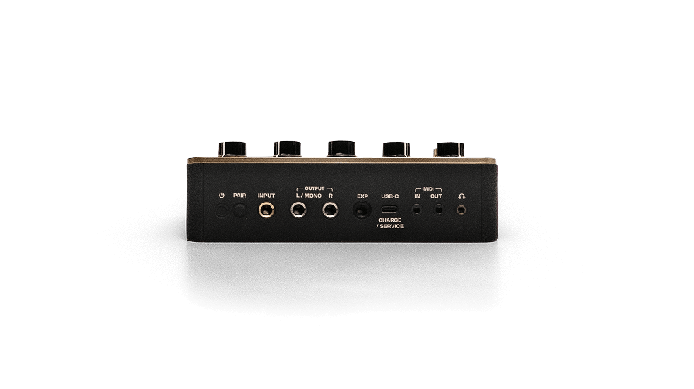 Spark PEDAL back panel: input, output, MIDI, USB-C and headphone jacks