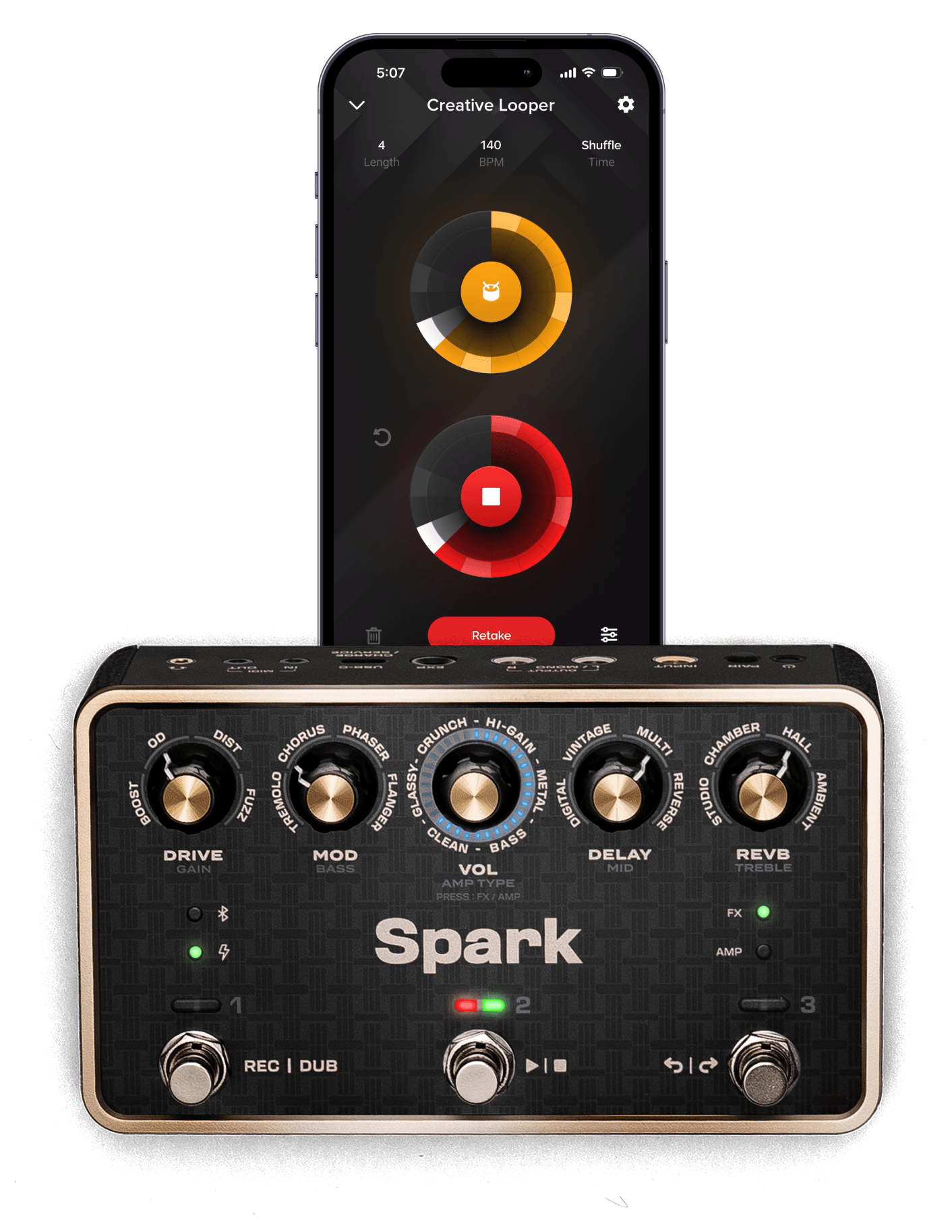 Spark PEDAL with the Creative Looper app open on a phone docked above it