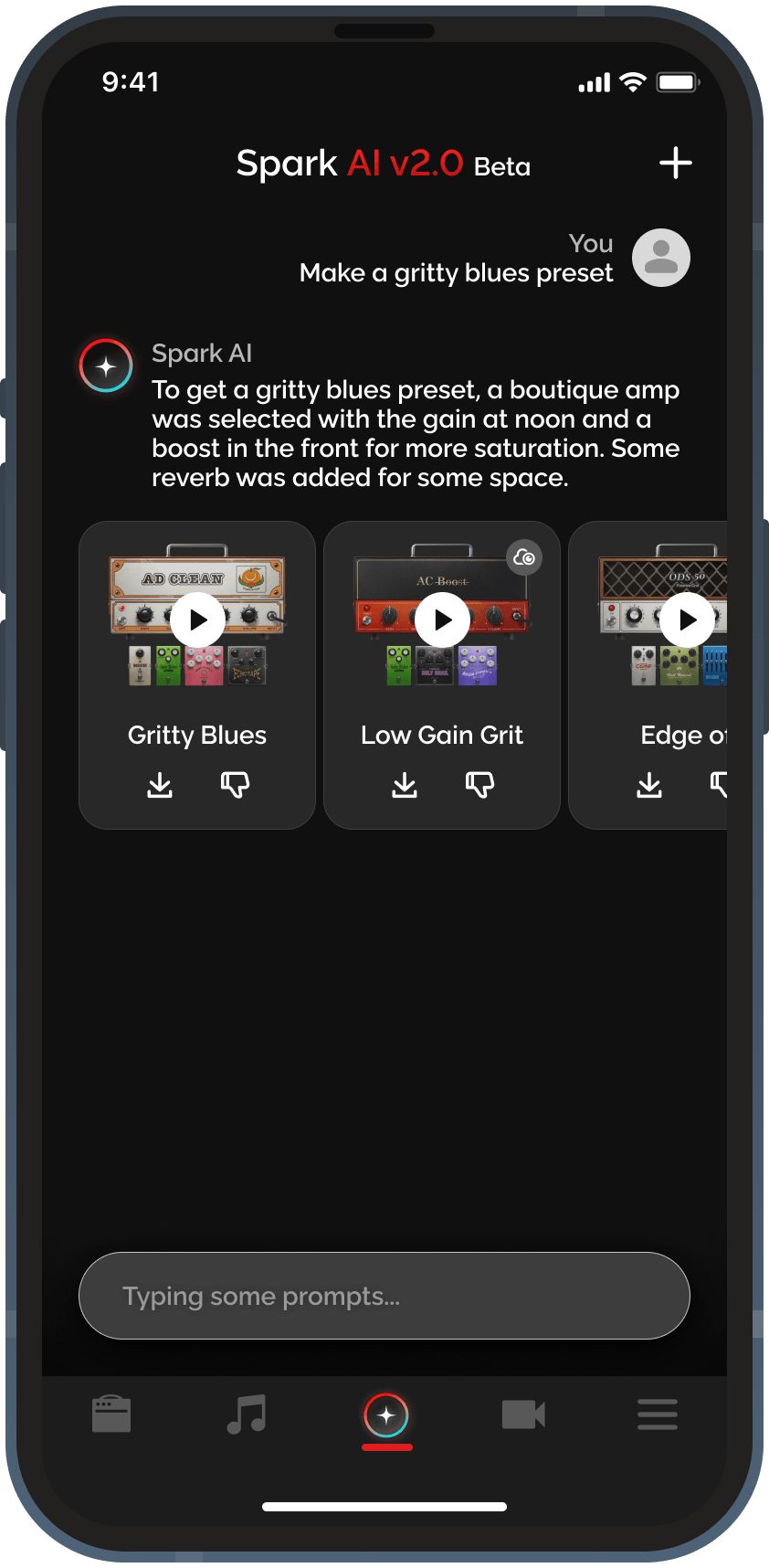 Spark AI screen generating presets from a typed prompt